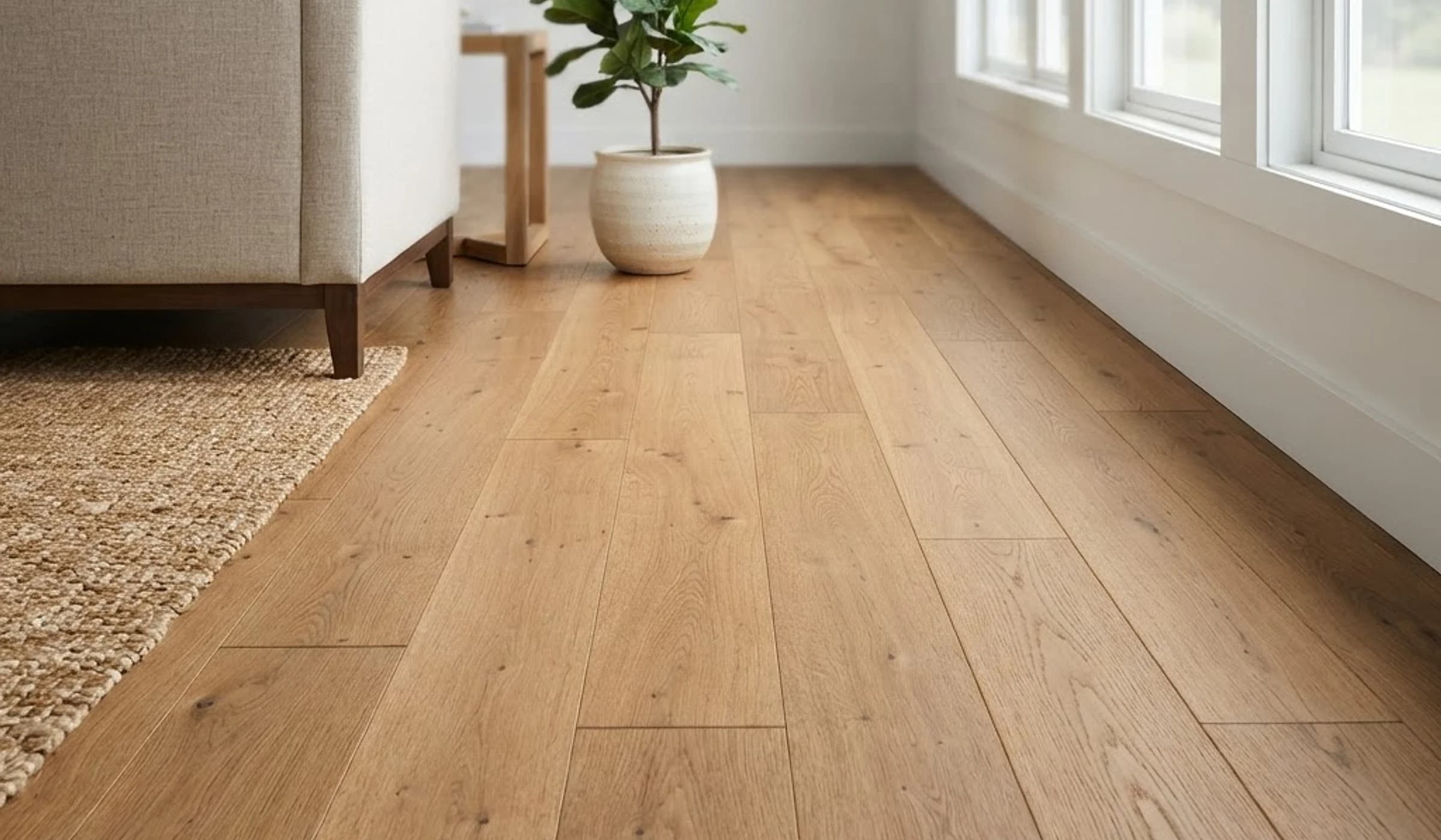 A sunlit living room with wide-plank oak hardwood flooring running through the frame.